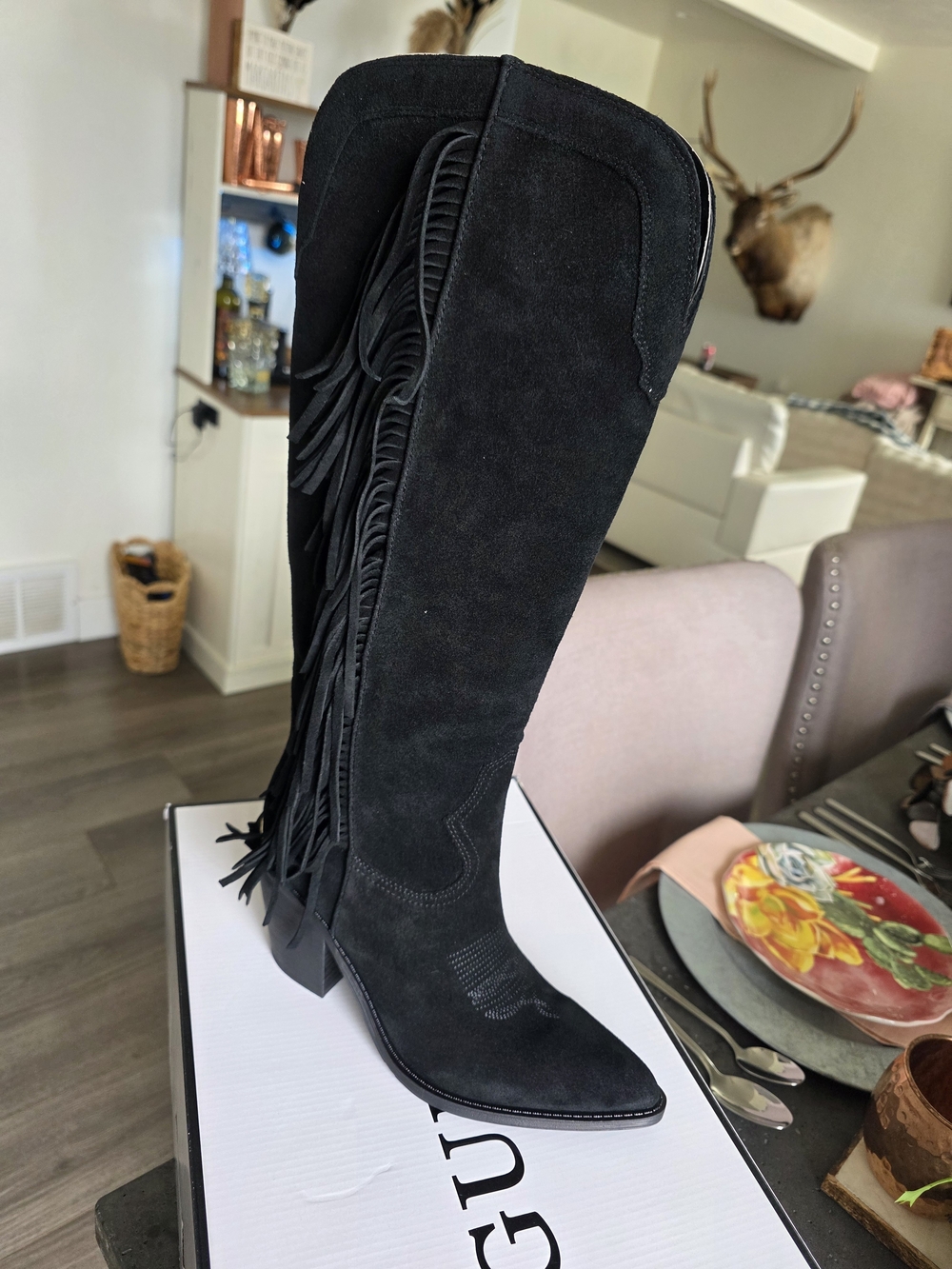 Guess Black Suede Over-the-Knee Fringe Boots